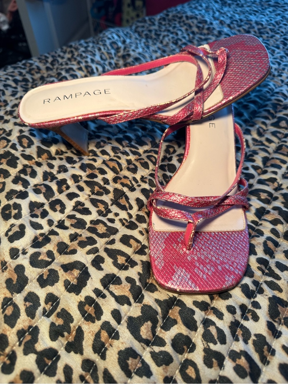 Rampage Pink Snake-Effect Strappy Mules